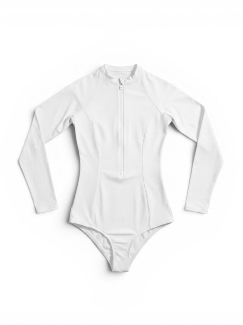 White Long-Sleeve Zip Front One-Piece Swimsuit
